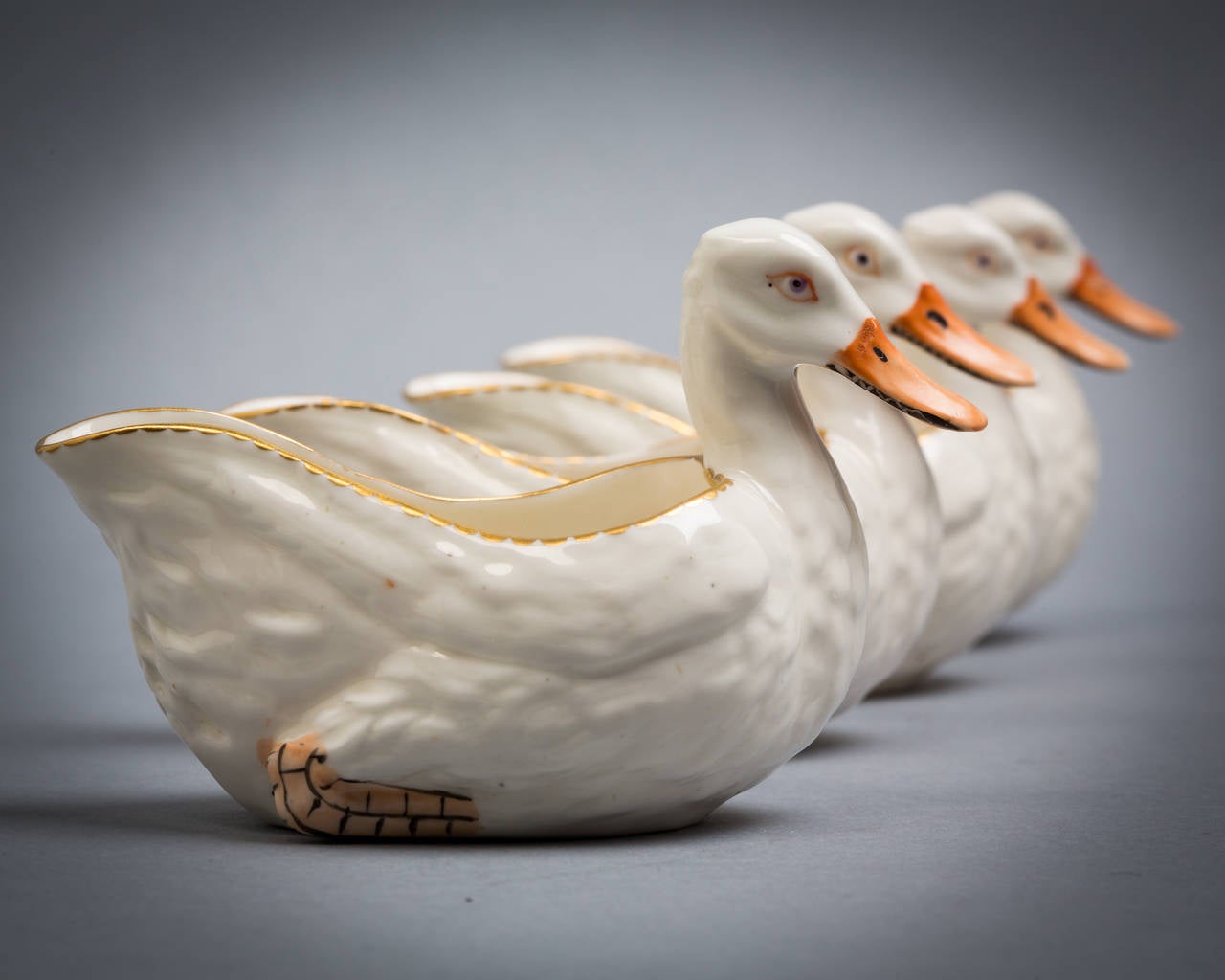 Set of four derby duck-form sauceboats, circa 1800.