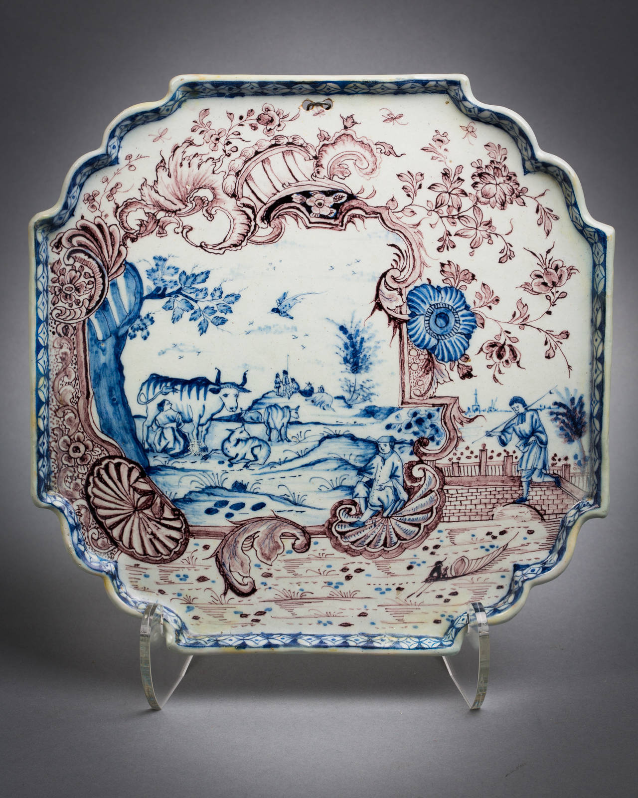 Dutch Pair of Delft Footed Decorative Trays, circa 1750