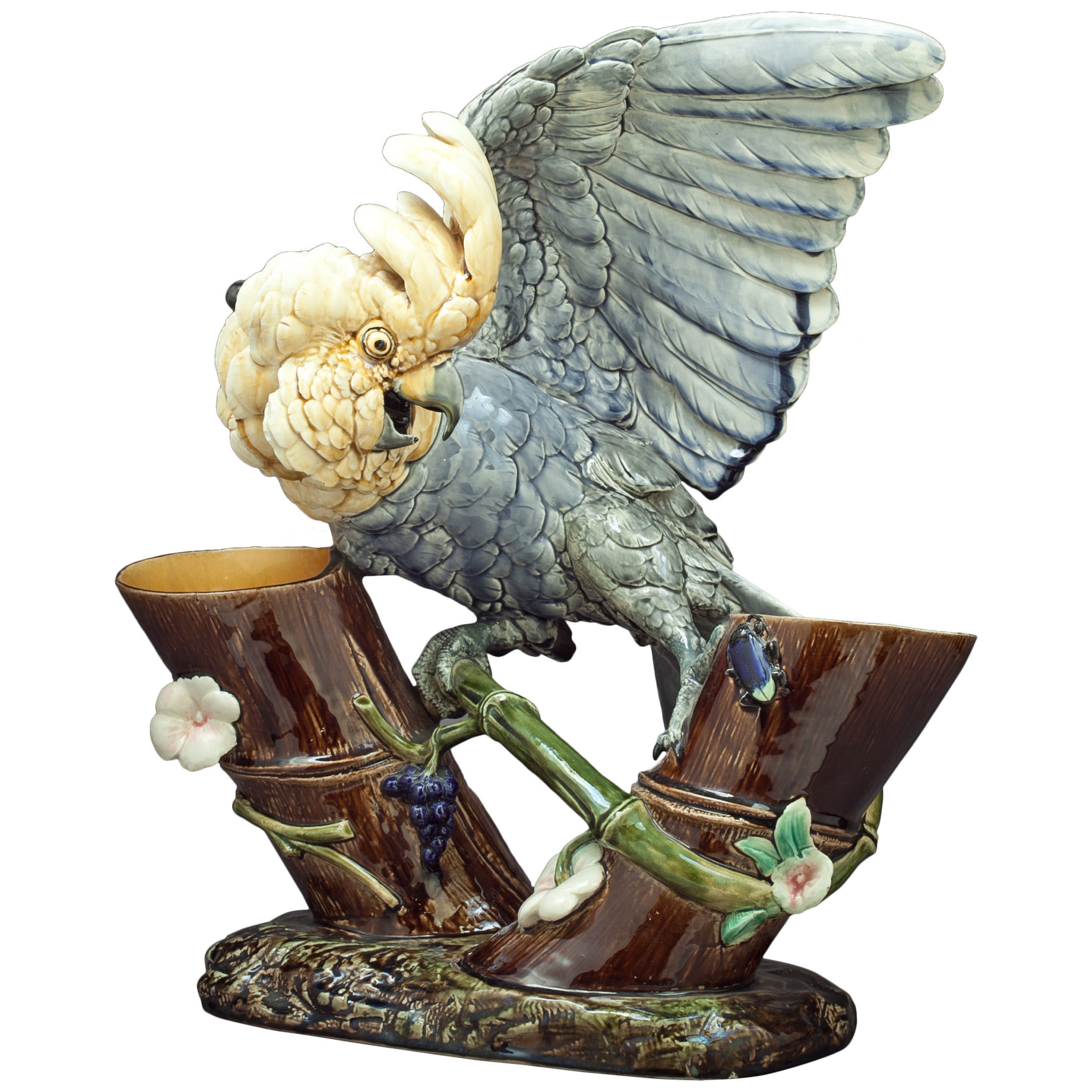 French Faience Cockatoo Double Vase, circa 1870 For Sale