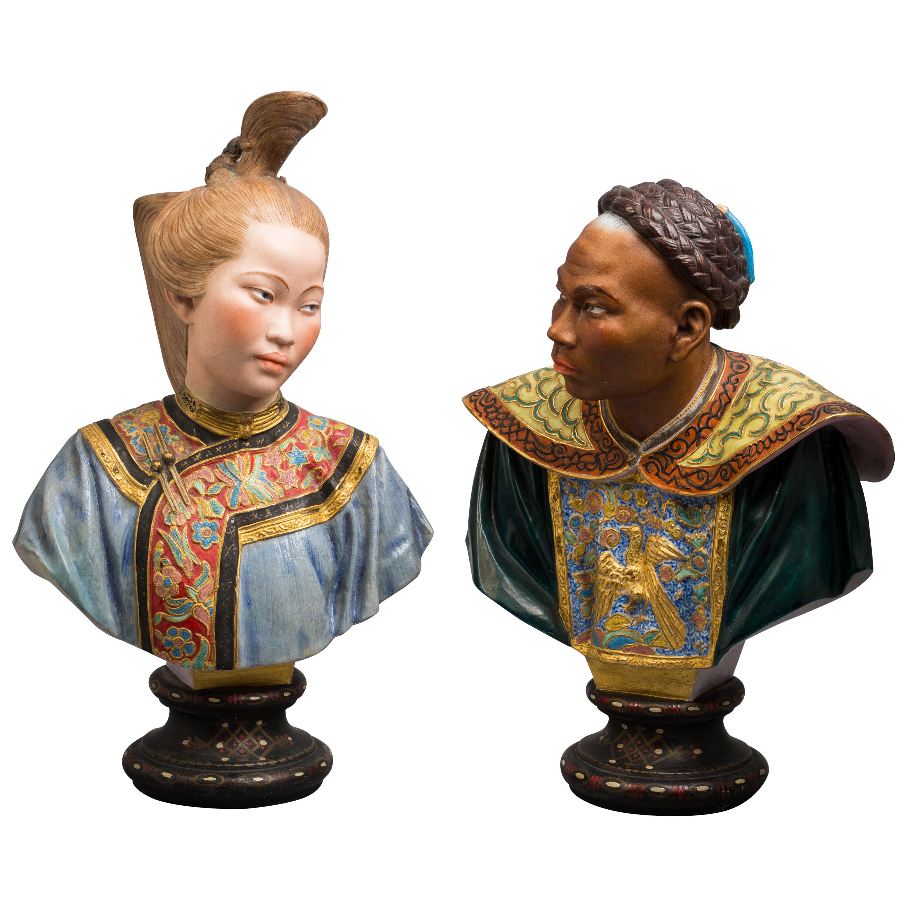 Pair of French Chinoiserie Busts, Bisque, circa 1880