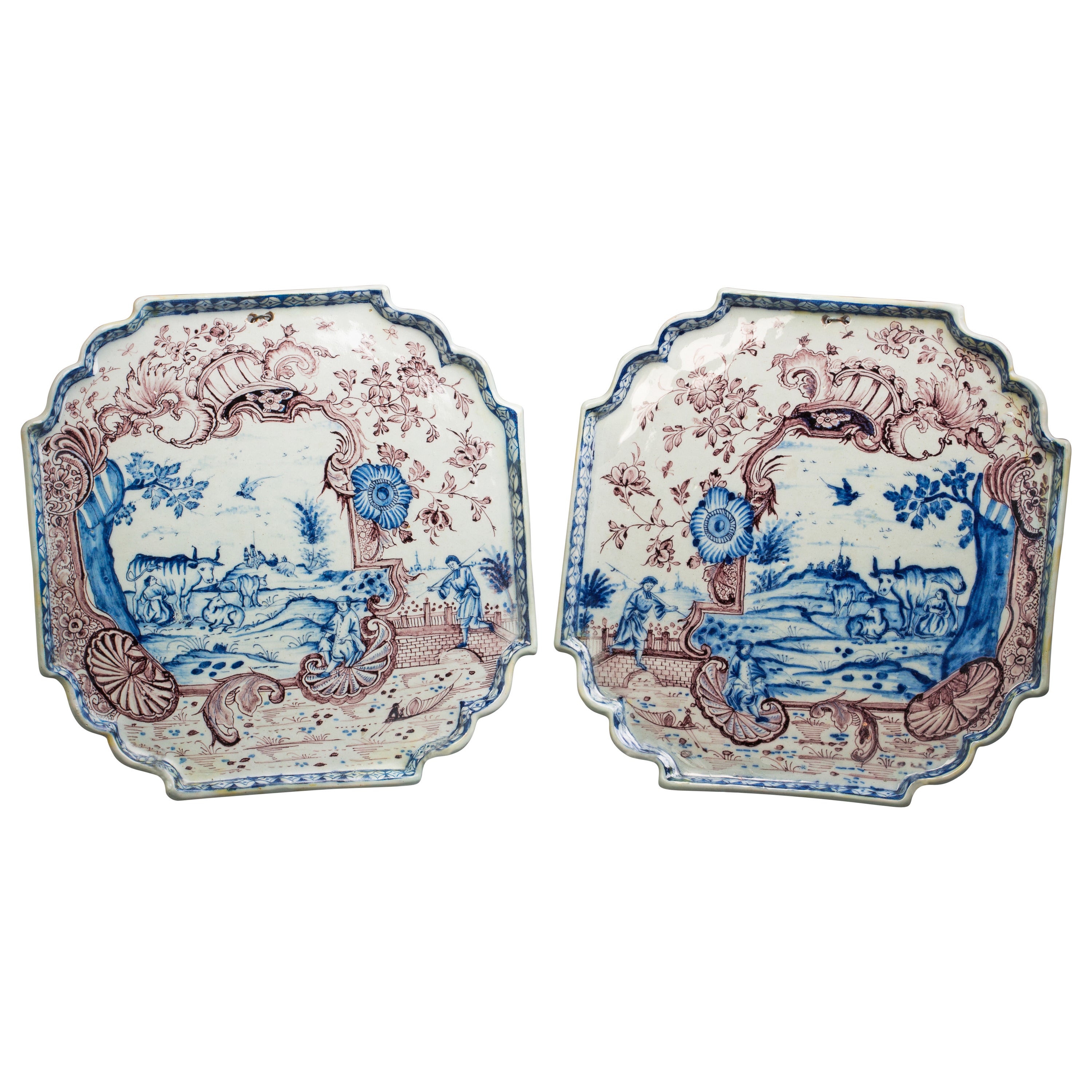 Pair of Delft Footed Decorative Trays, circa 1750