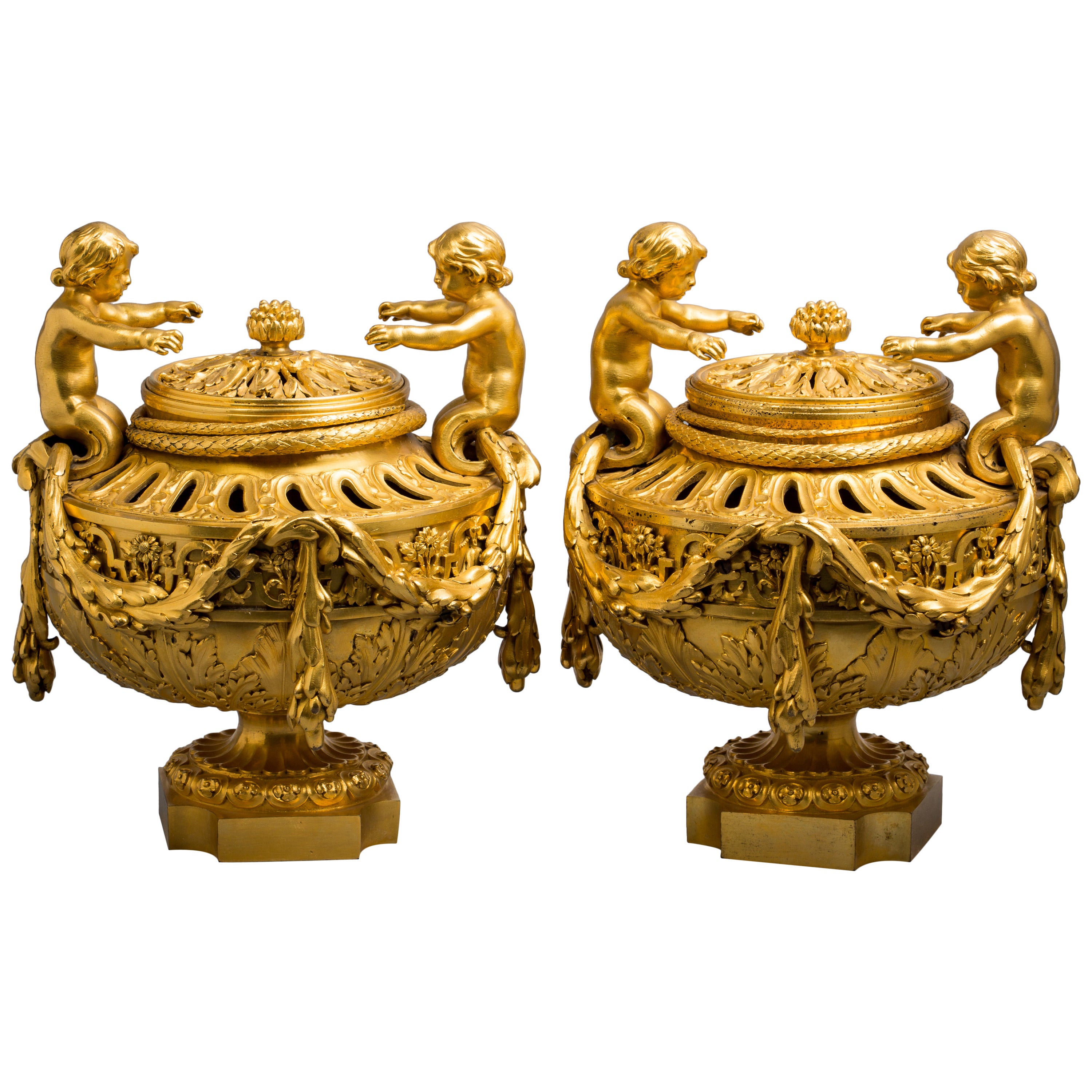 Pair of French Bronze Covered Potpourri Urns, circa 1840