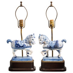 Antique Pair of Dutch Blue and White Delft Horses, circa 1840