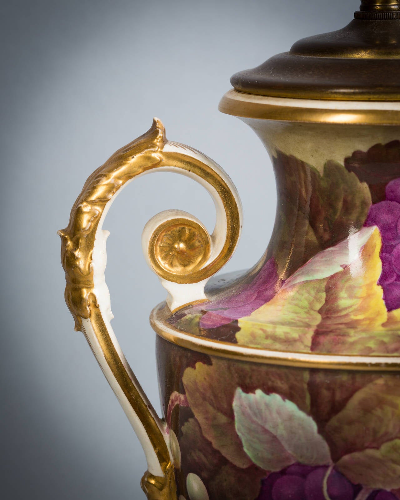 English porcelain vase mounted as lamp, derby, circa 1826. Attributed to artist Thomas Steele.