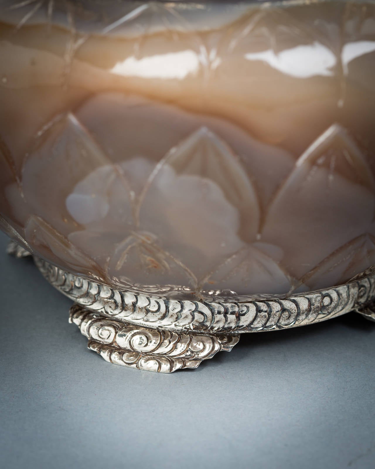 Chinese Agate and Silver Covered Container, circa 1900 For Sale