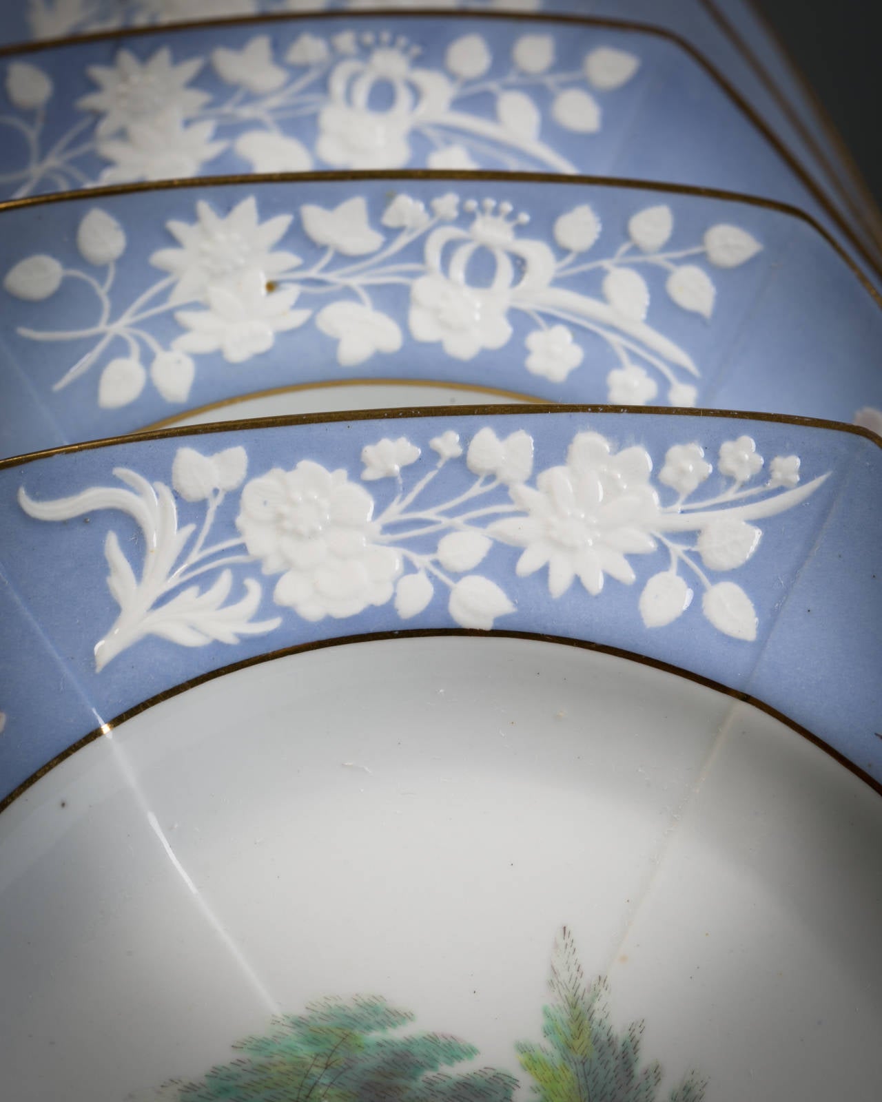 Juego de 12 platos de porcelana inglesa para pañuelos, Spode, hacia 1820 principios del siglo XIX en venta