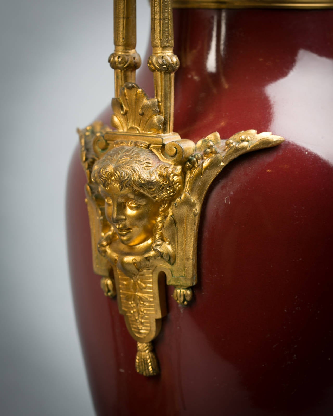 Chinese Pair of Gilt Bronze Mounted Sang De Boeuf Lamps, circa 1860 For Sale