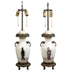 Antique Pair of Bronze-Mounted French Porcelain Lamps, circa 1885