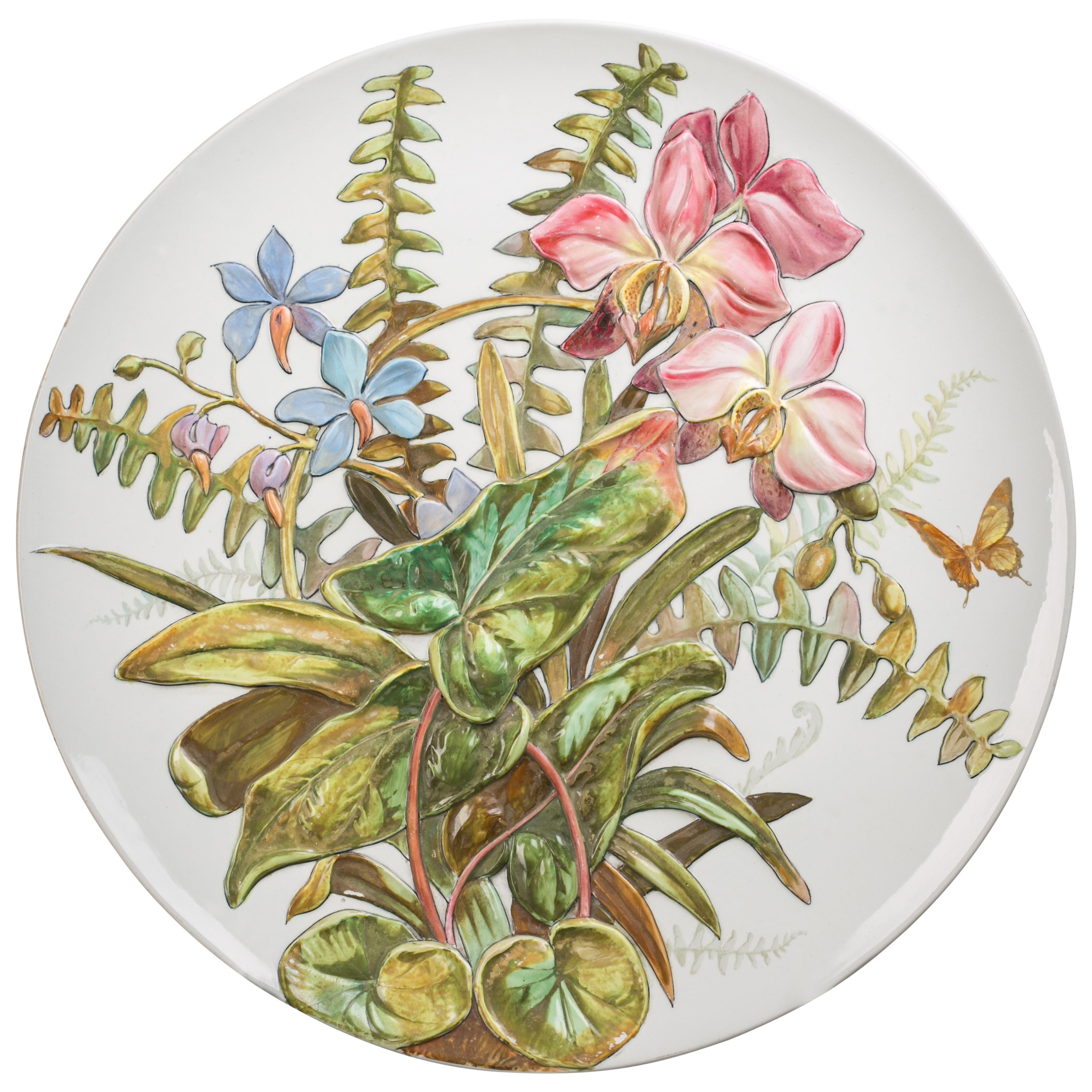 Grande assiette de présentation en porcelaine anglaise avec relief floral, environ 1890