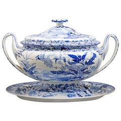 Antique Wedgwood Pearlware Blue and  White Covered Tureen and Stand, circa 1830