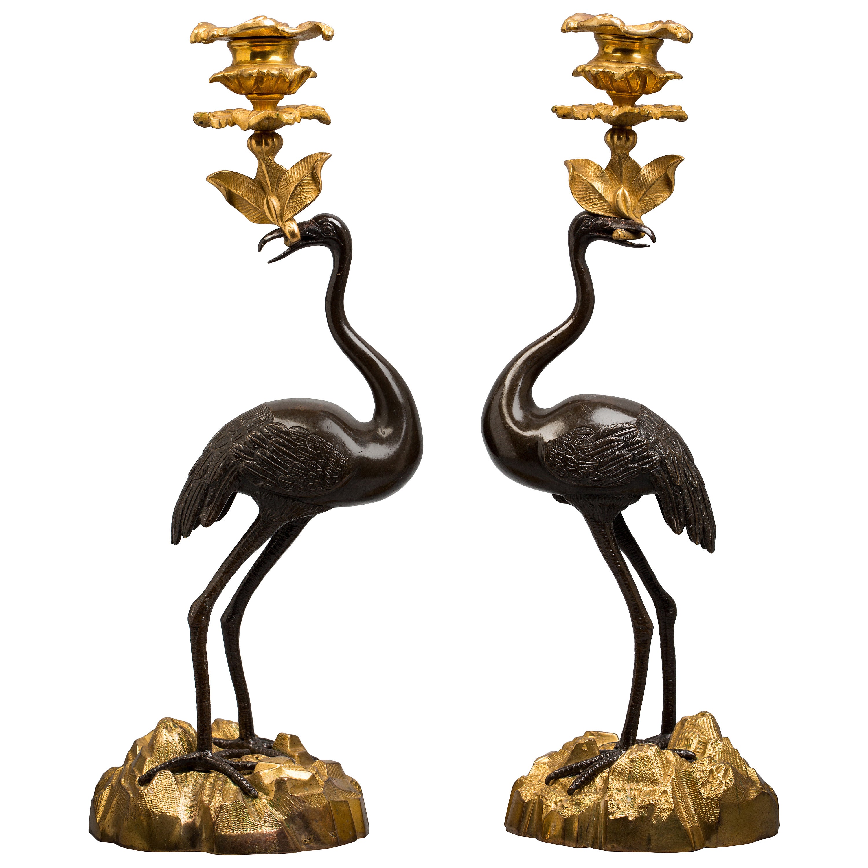 Pair of Gilt and Patinated Bronze Candlesticks, French, circa 1875