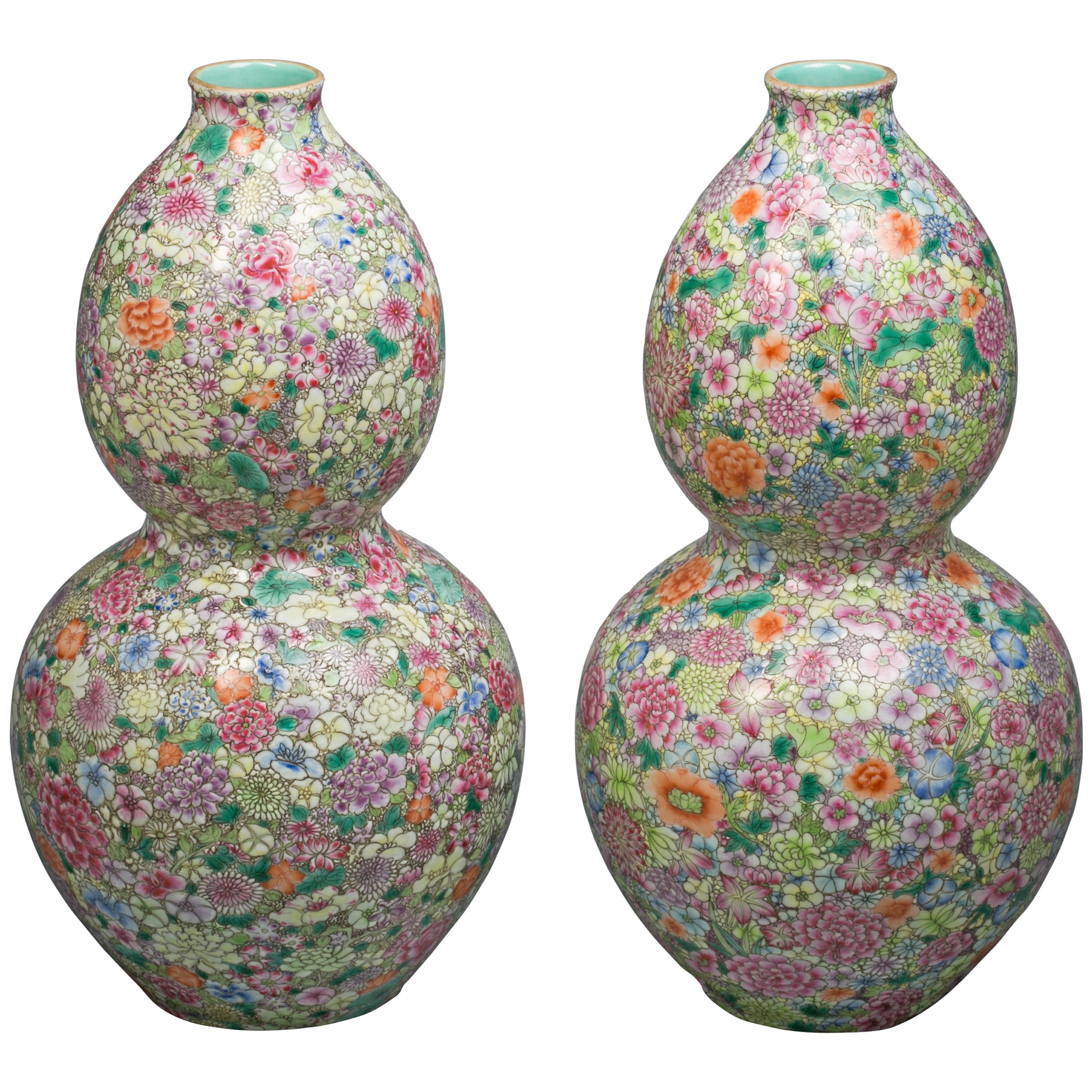 Pair of Chinese Double-Gourd Mille-Fleur Vases, 20th Century For Sale