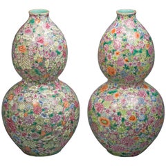 Pair of Chinese Double-Gourd Mille-Fleur Vases, 20th Century