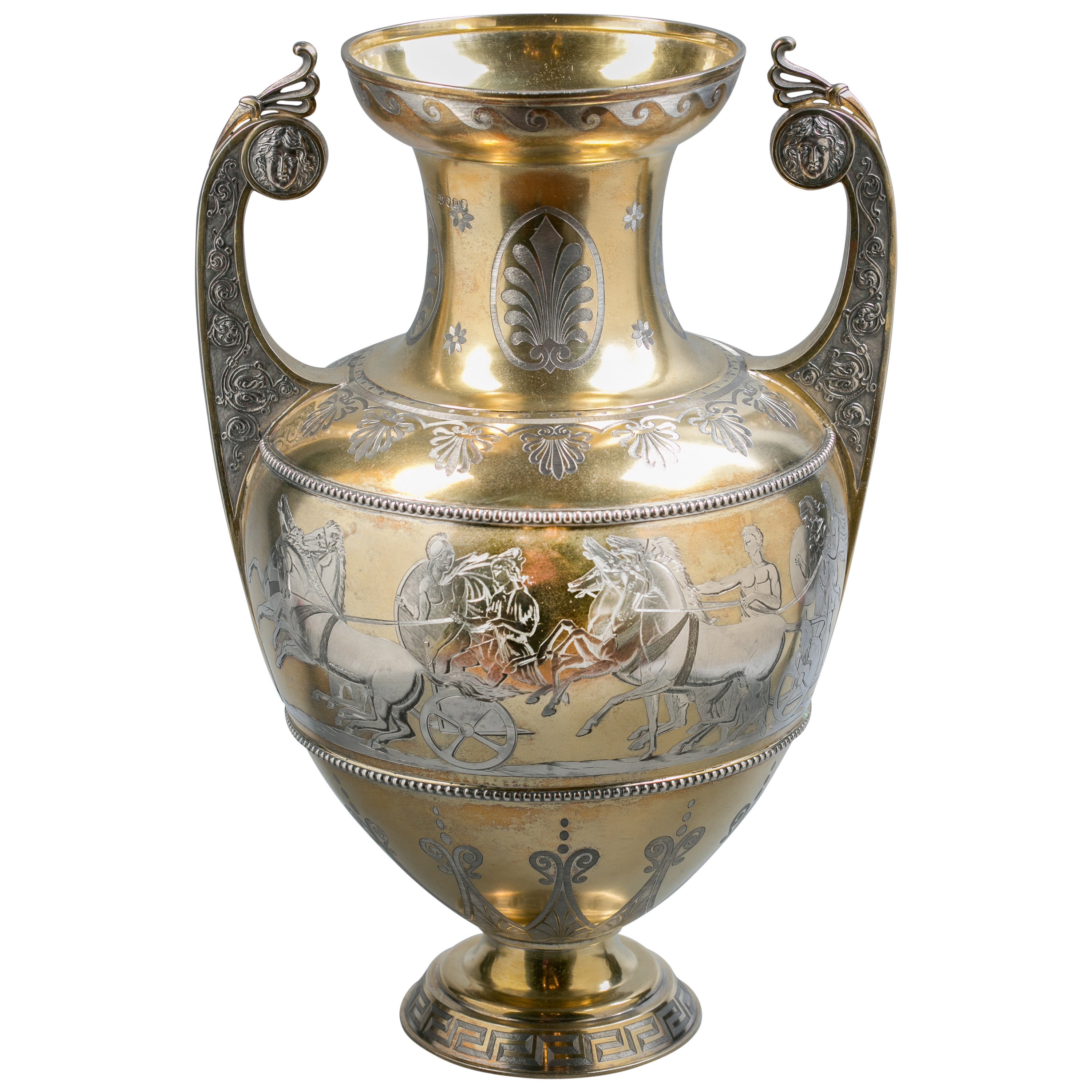 English Silver Gilt and Engraved Amphora-Form Vase For Sale