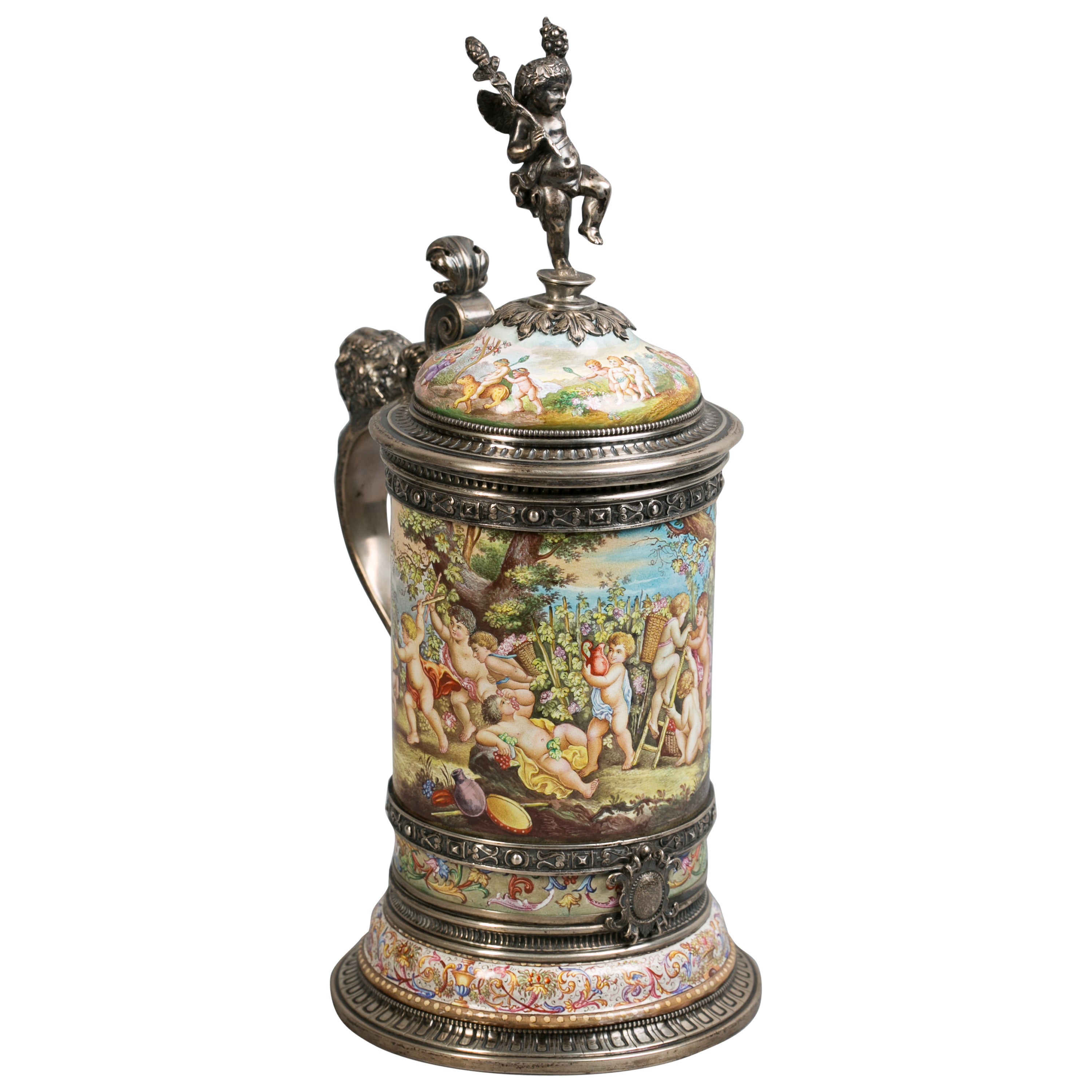 Large Vienna Silver and Enamel Tankard, circa 1875 For Sale