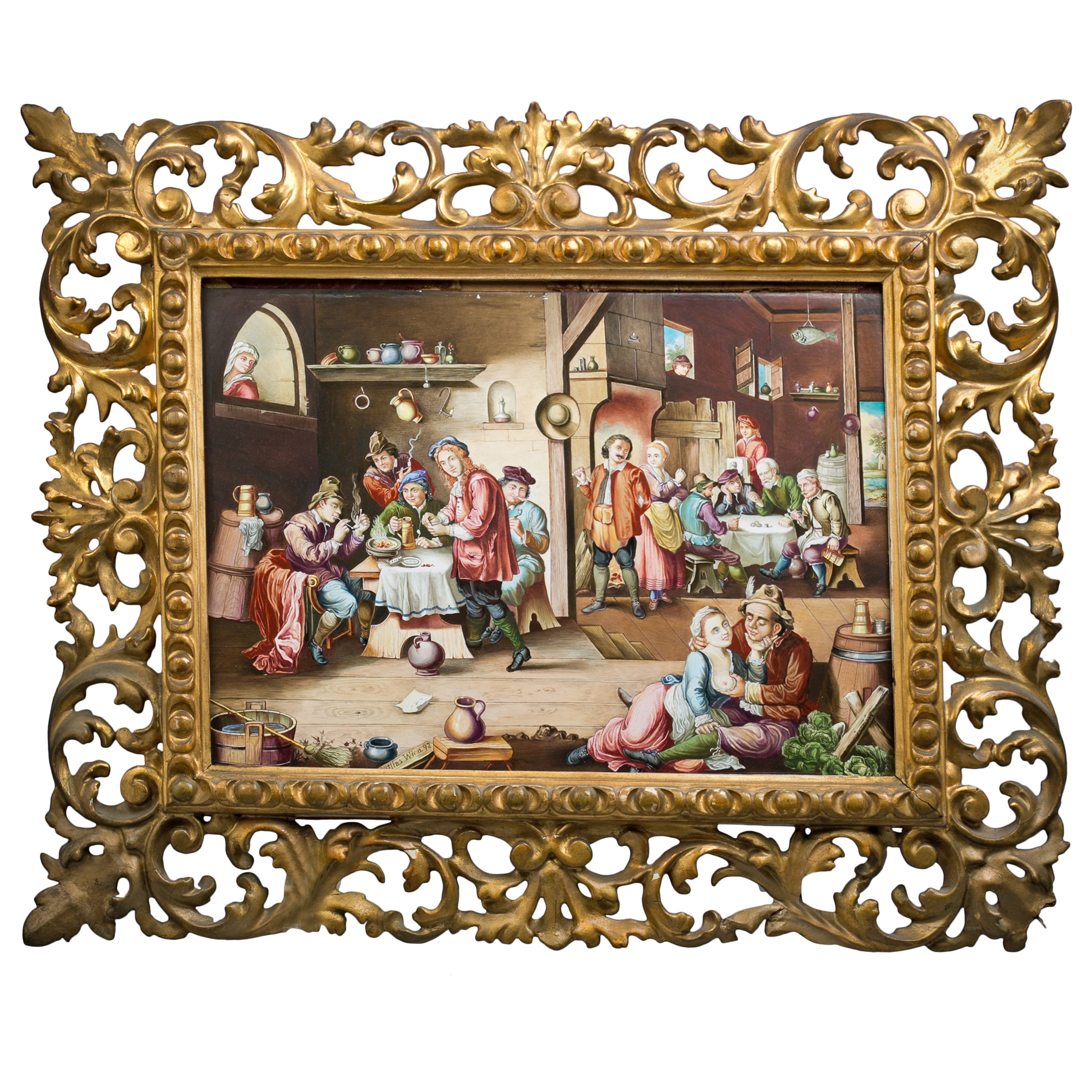 Peinture viennoise en émail représentant une scène de taverne, vers 1875