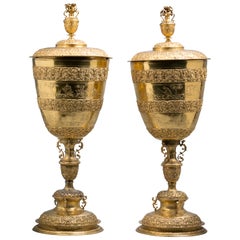 Antique Pair of Large English Gilt Metal Standing Cups and Covers, circa 1890