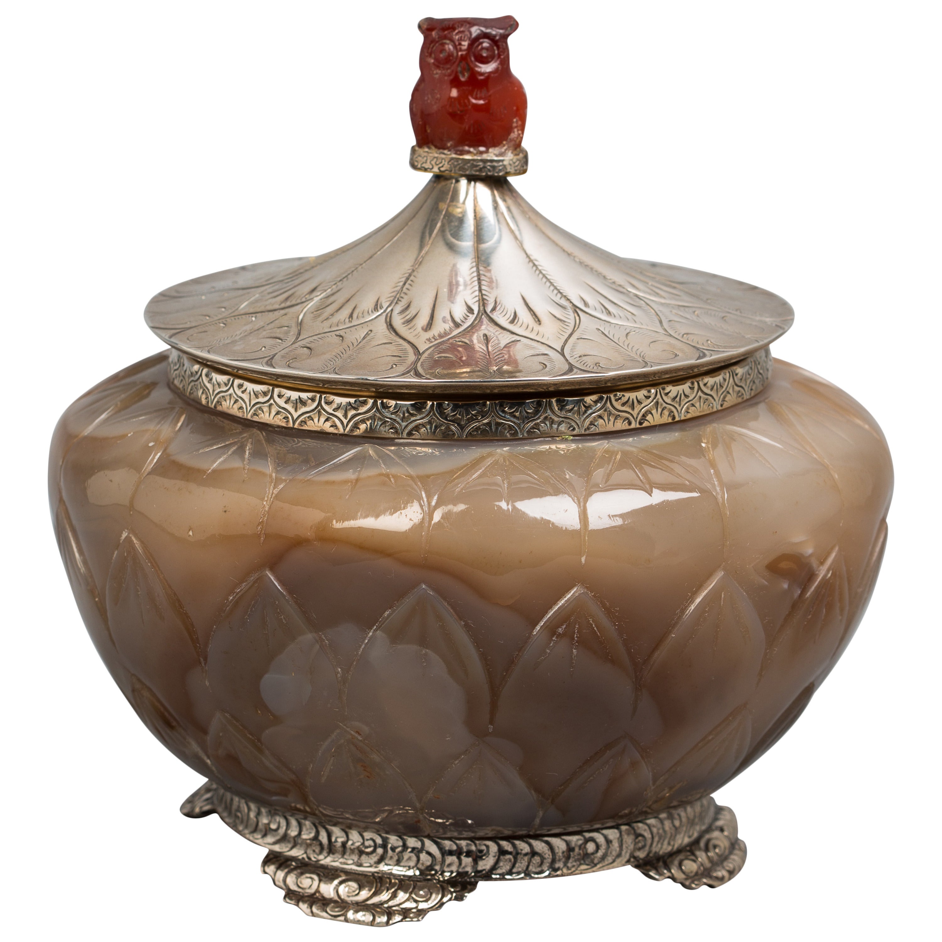 Agate and Silver Covered Container, circa 1900 For Sale