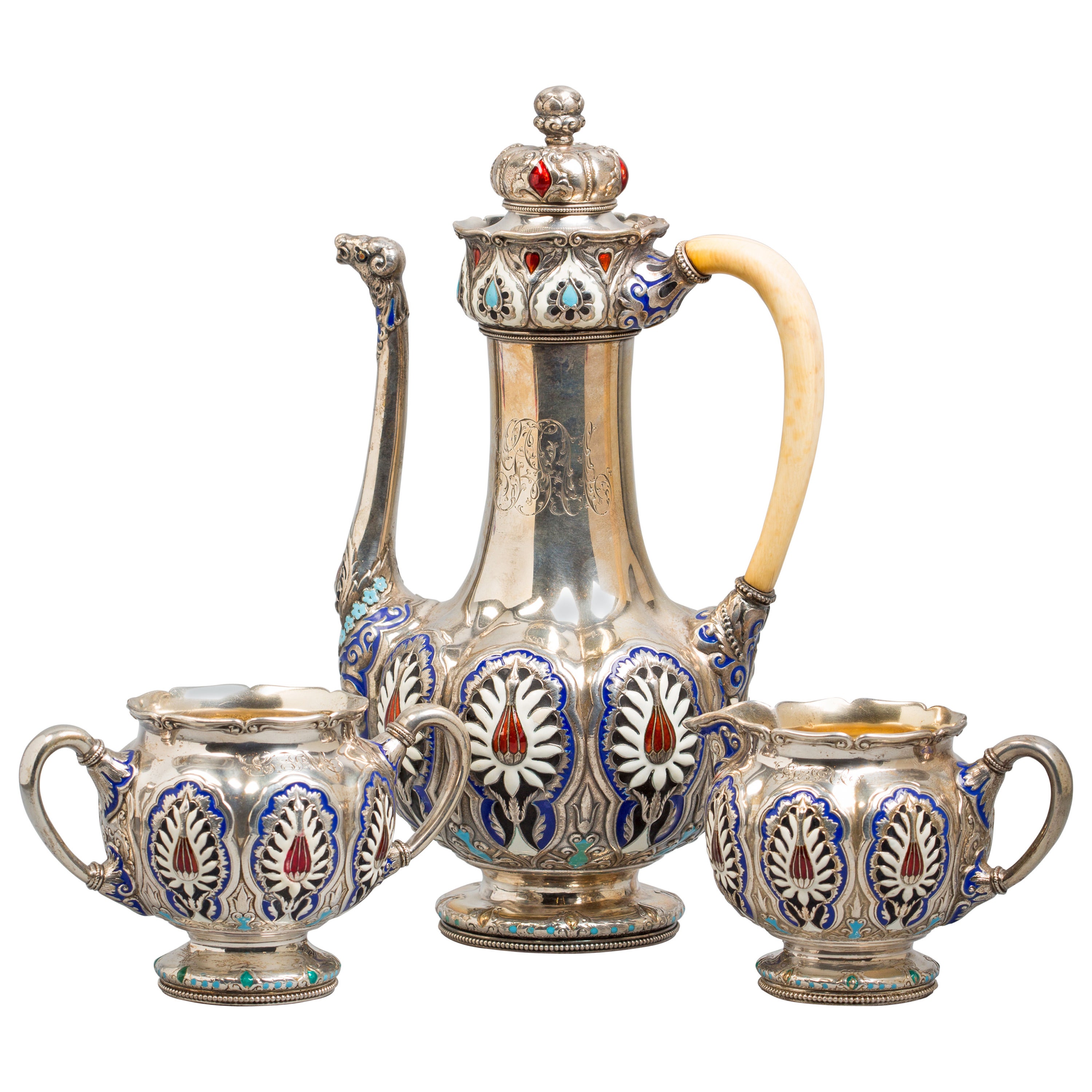 Three-Piece Silver and Enamel Tea Set, Gorham, circa 1920