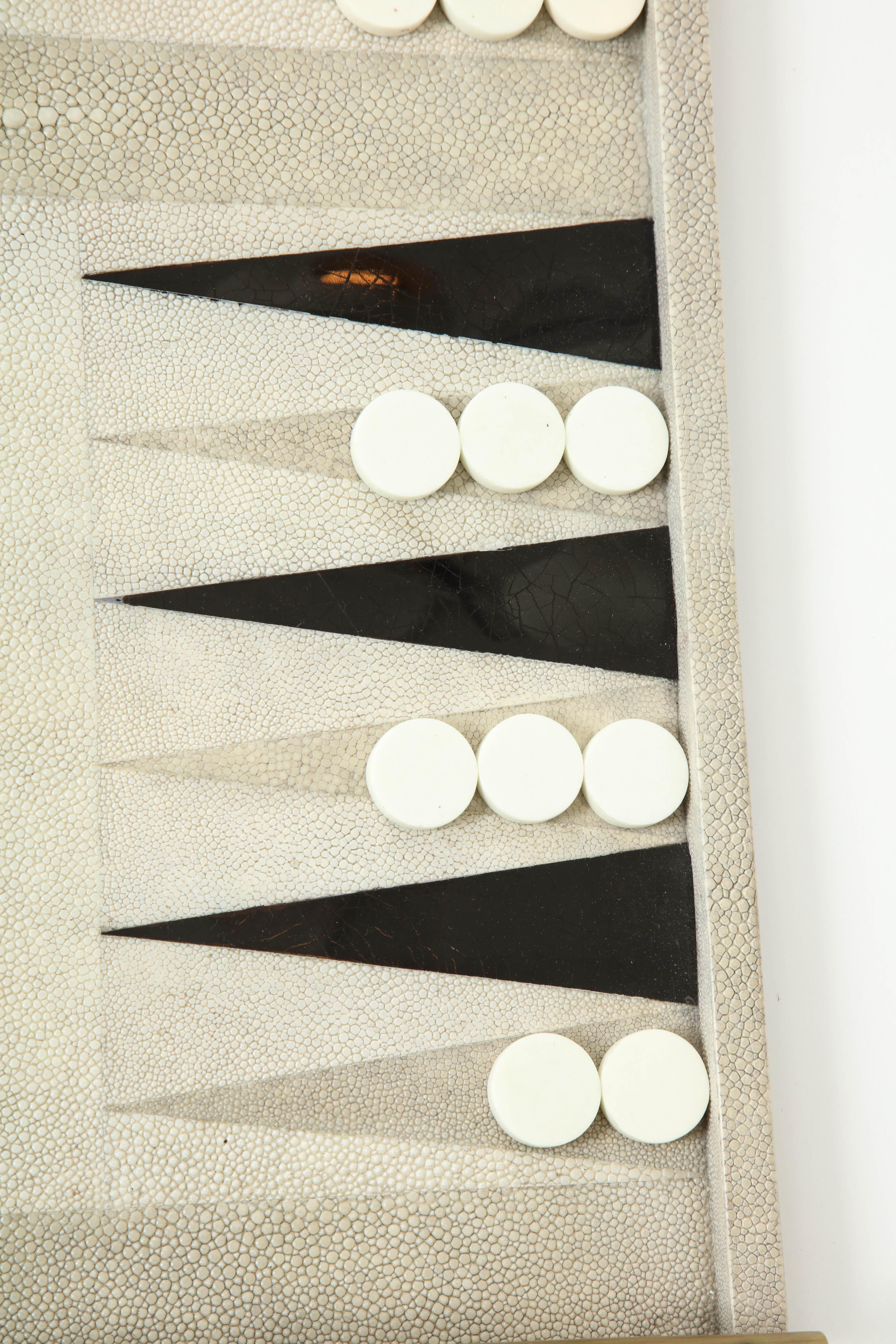 Shagreen Backgammon Game with Black Sea Shell Details In New Condition In New York, NY