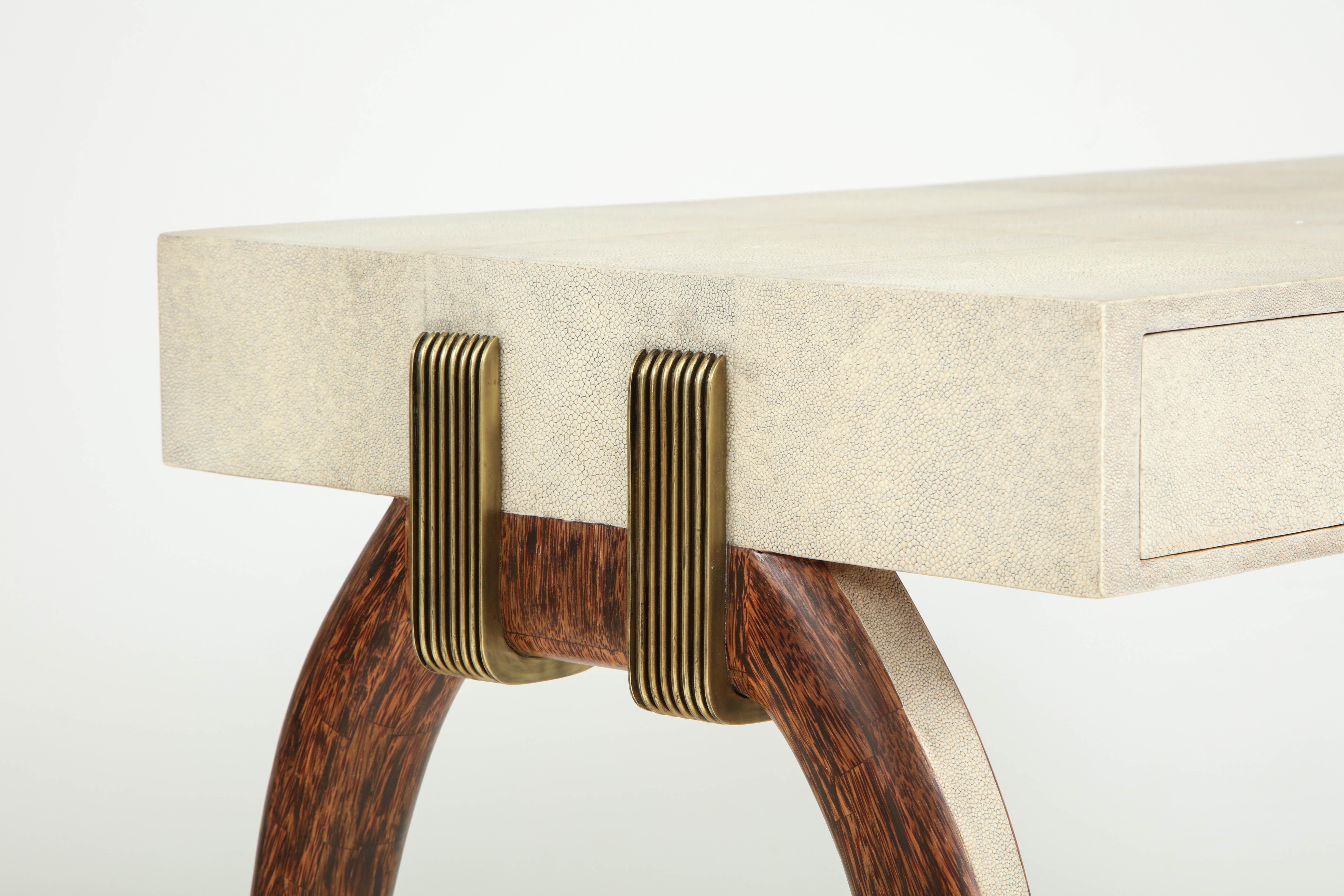 Art Deco Desk, Shagreen with Brass and Palm Wood Details, Contemporary, Three Drawers