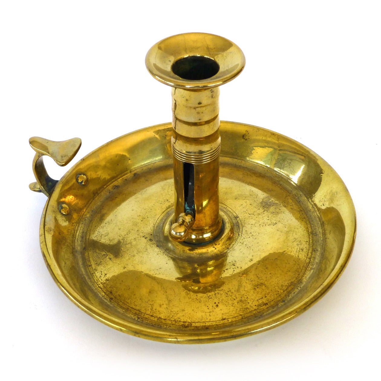 British English Brass Chamberstick with Flying Scroll Handle, circa 1790 For Sale