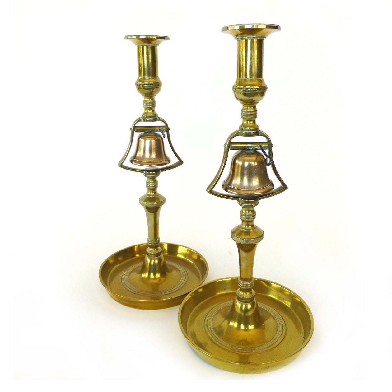 Great Britain (UK) Pair of Rare English Brass Tavern Candlesticks with Bells, circa 1820