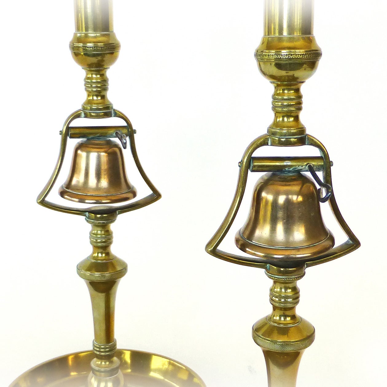 Pair of rare English brass tavern candlesticks with bells, circa 1820.