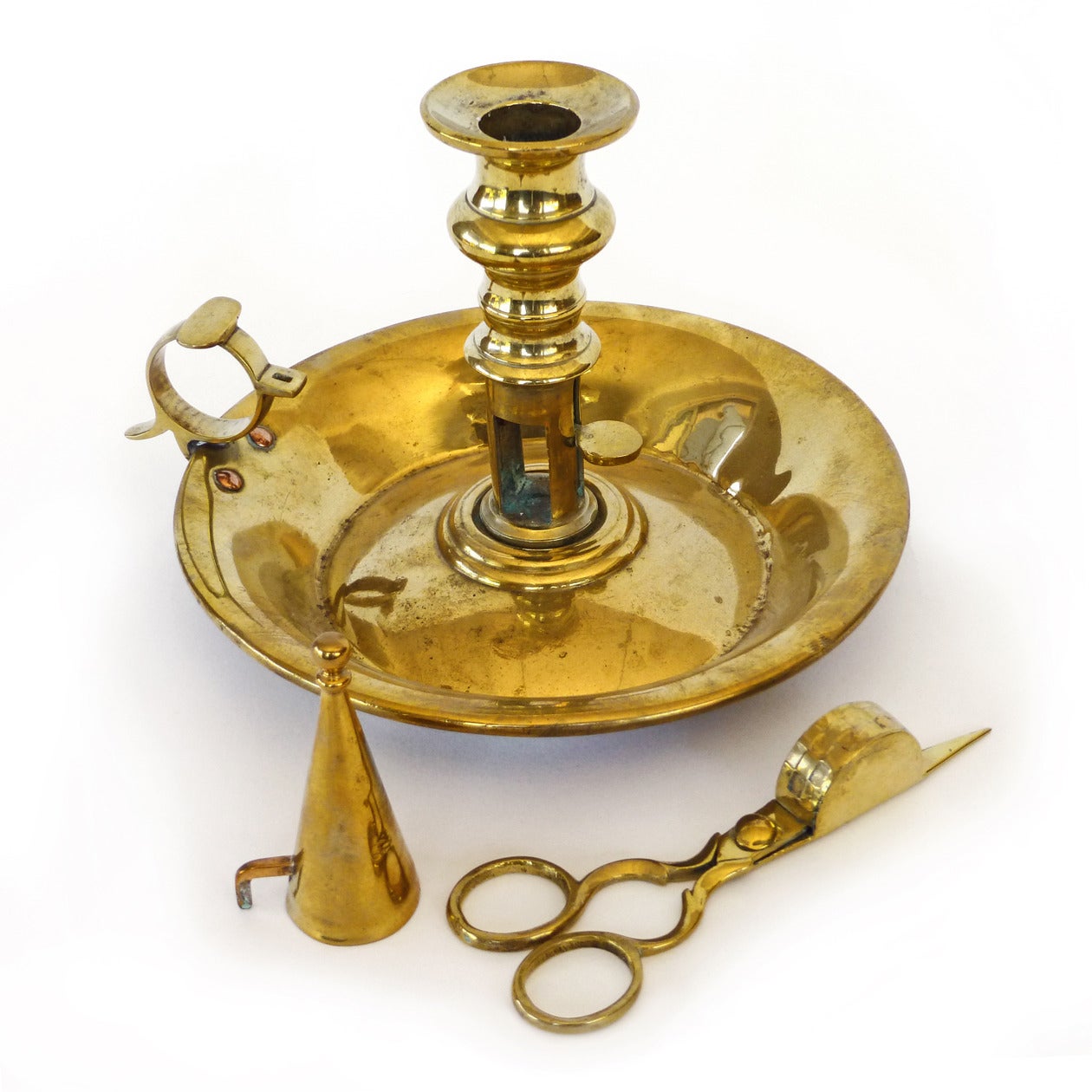 English Brass Deep Dish Chamberstick with Snuffer & Douter Circa 1820