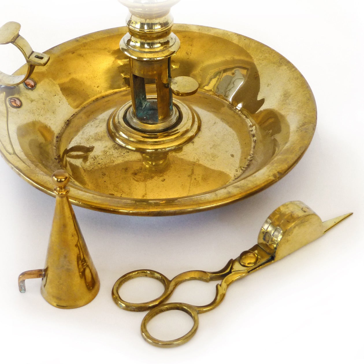 Great Britain (UK) English Brass Deep Dish Chamberstick with Snuffer and Douter, circa 1820