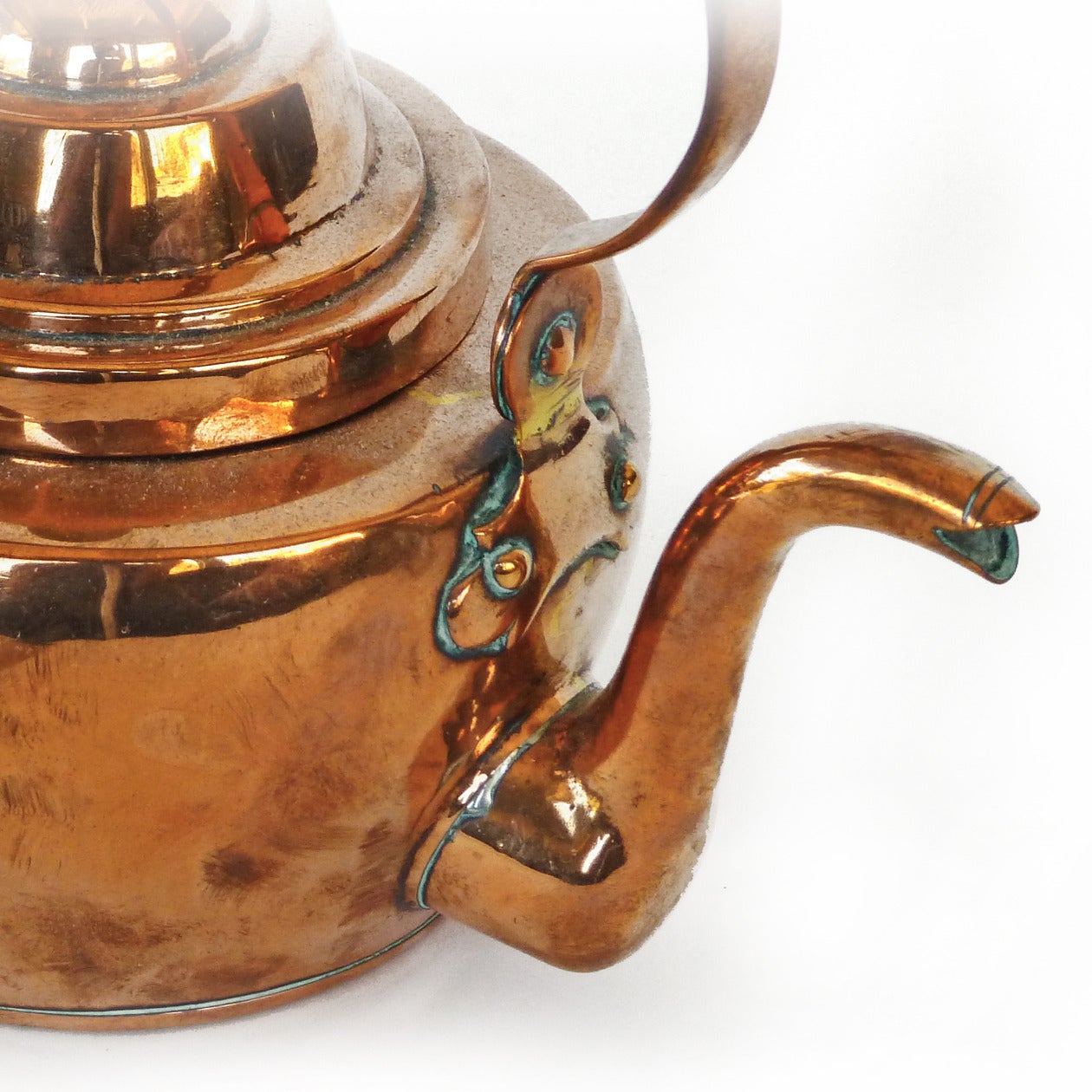 Rare small dutch copper tea kettle, circa 1850. 
Dovetailed with swing handle.