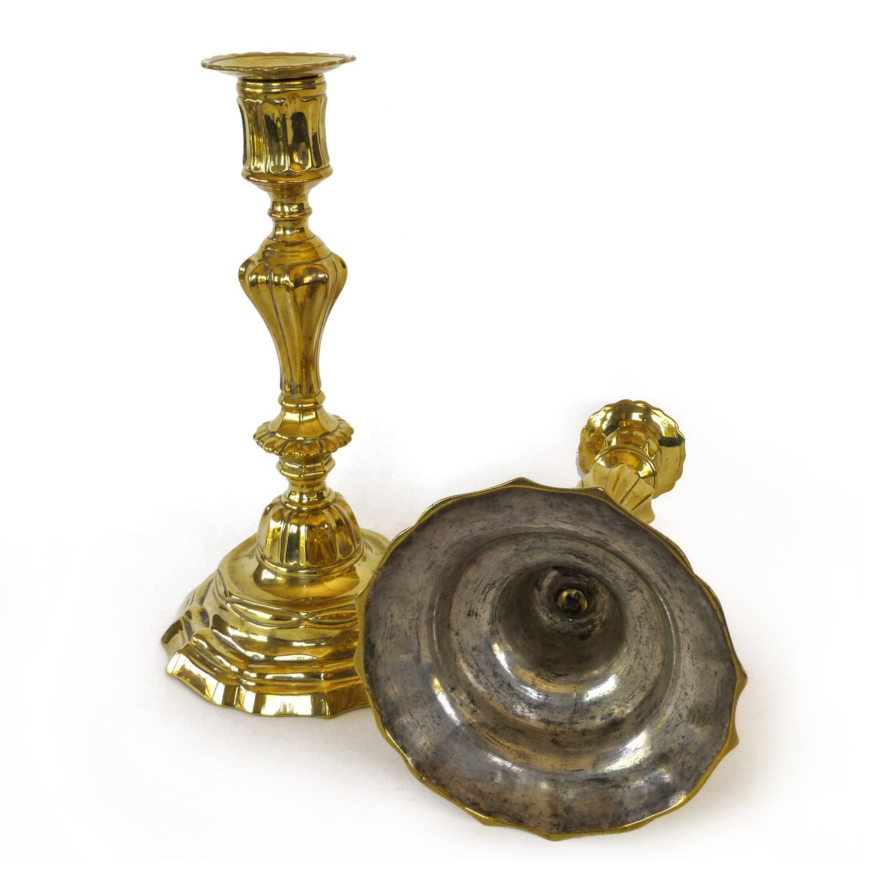 Mid-18th Century French “Silver Form” Pair of Brass Candlesticks, circa 1745 For Sale