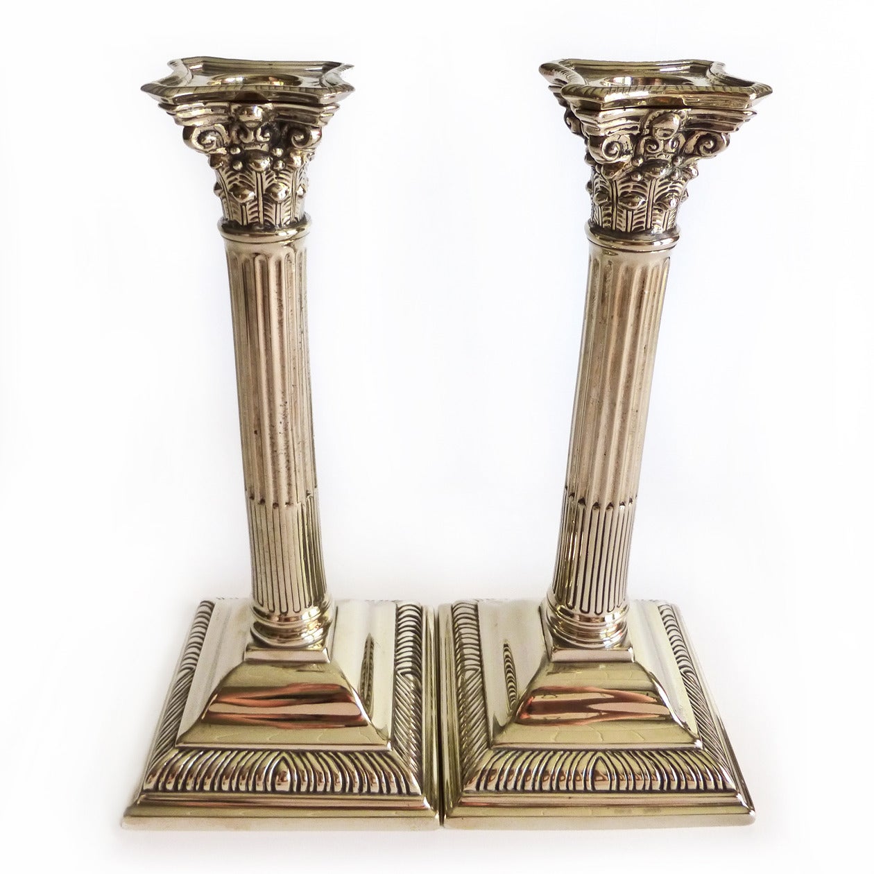 Pair of English Paktong Corinthian Column Candlesticks, circa 1780 For Sale 2