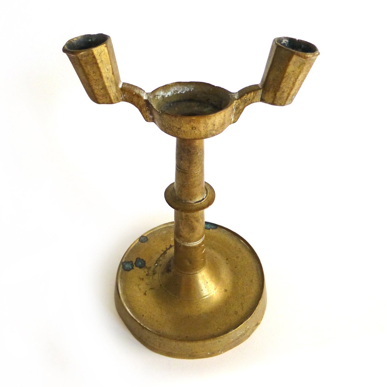 Cast Rare Gothic German, Nuremberg Brass 15th Century, Two-Arm Candlestick For Sale