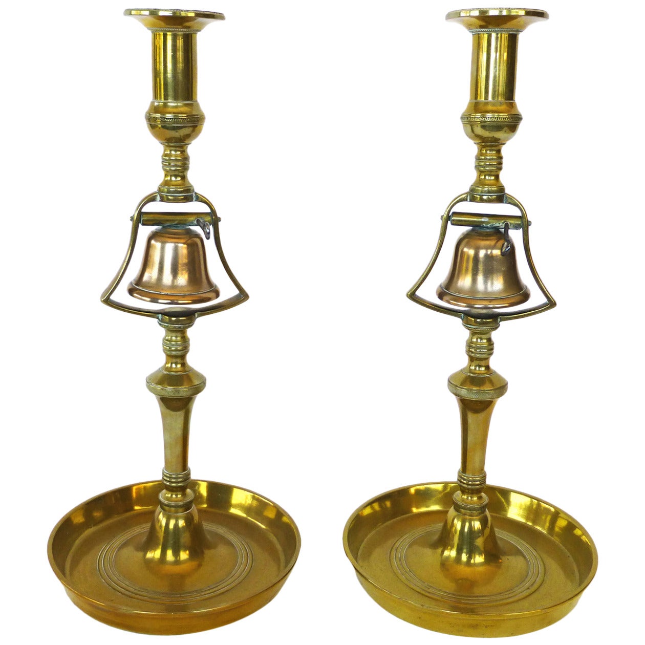 Pair of Rare English Brass Tavern Candlesticks with Bells, circa 1820