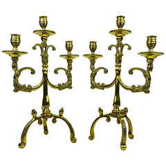 Antique Pair of Rare Dutch Brass Three-Arm Candelabra with Harpies and Heads, circa 1820