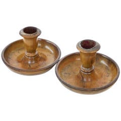 Pair of English Olive Wood “Brighton Buns” Travelling Candlesticks, circa 1875