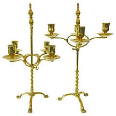 Antique Pair of Four-Arm Adjustable English Brass Library Candlesticks, circa 1890