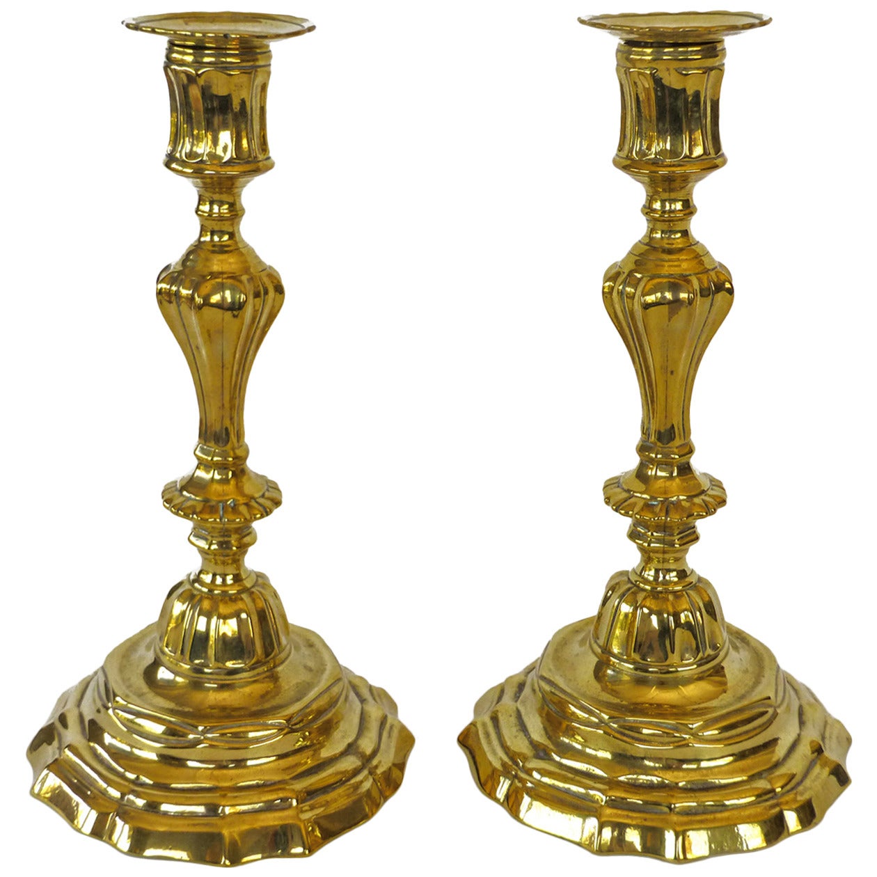 French “Silver Form” Pair of Brass Candlesticks, circa 1745 For Sale