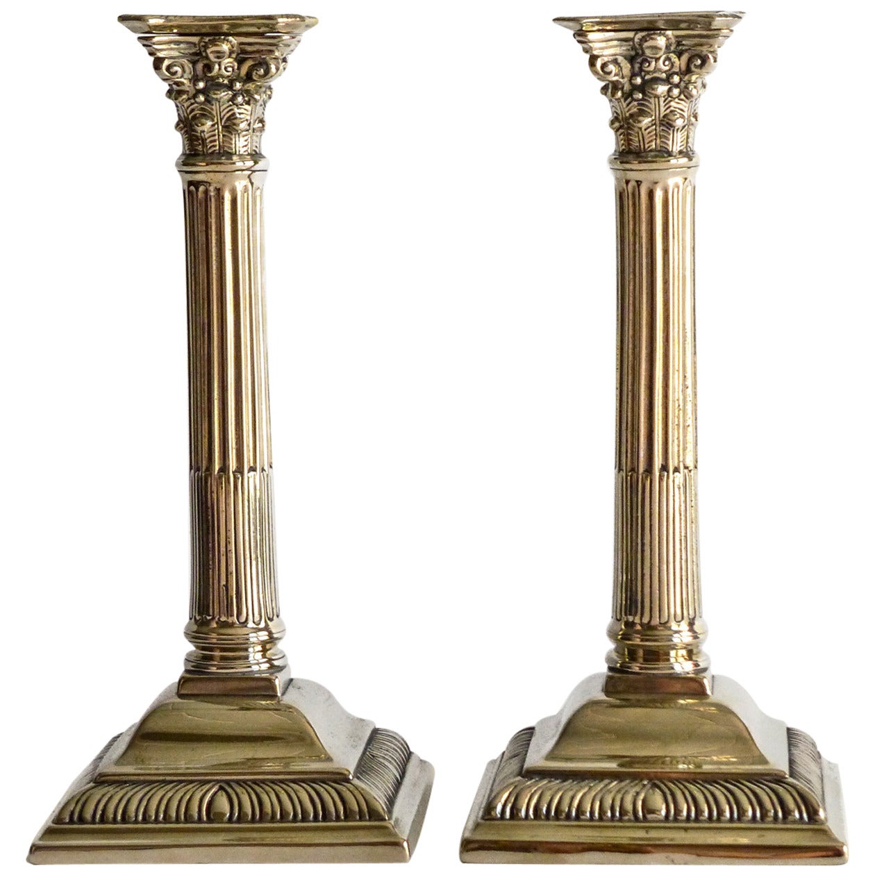 Pair of English Paktong Corinthian Column Candlesticks, circa 1780 For Sale