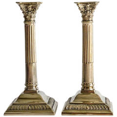 Pair of English Paktong Corinthian Column Candlesticks, circa 1780