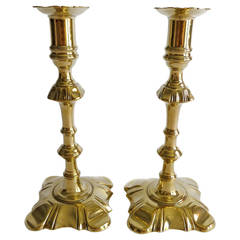 Great Pair of English Brass Scallopped Base Candlesticks, circa 1740