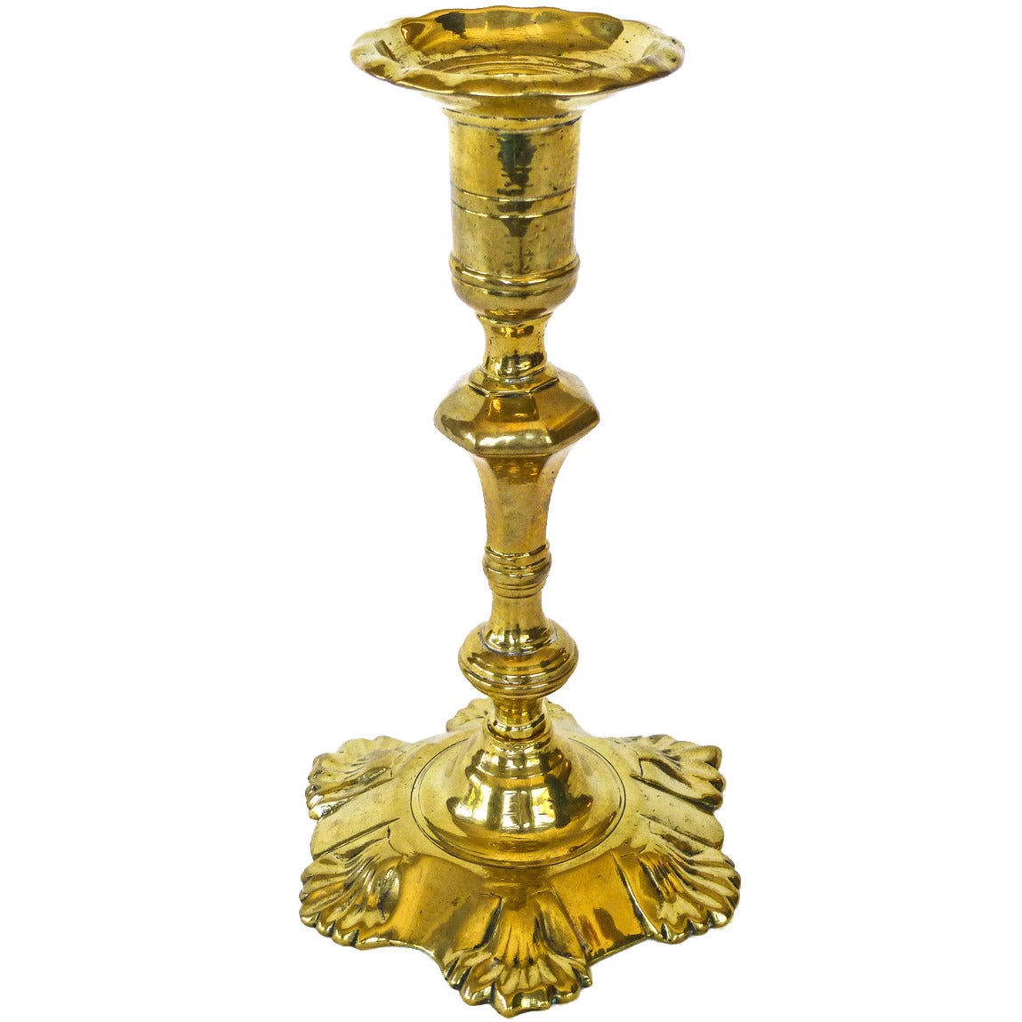 18th Century English or Dutch Brass Shell Base Candlestick, circa 1750 For Sale