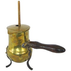 Antique Dutch Brass Chocolate Pot with Three Iron Legs and Wooden Molinet, circa 1820