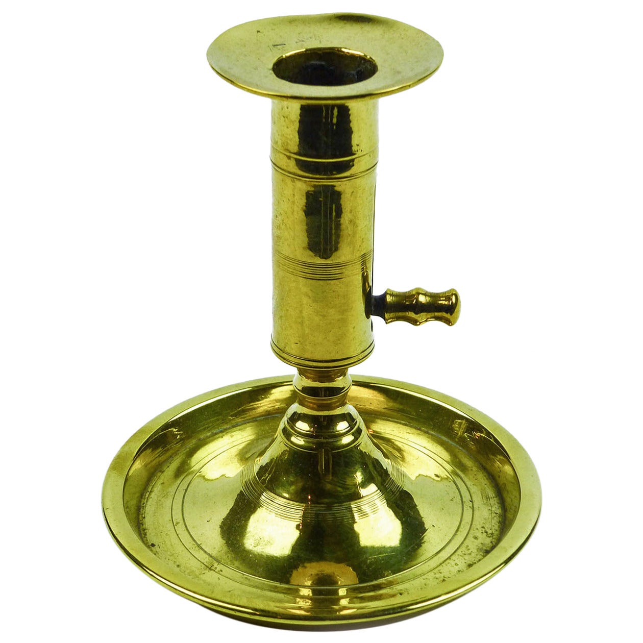 Cast European Saucer Based Brass Candlestick with Side Ejector, circa 1800 For Sale