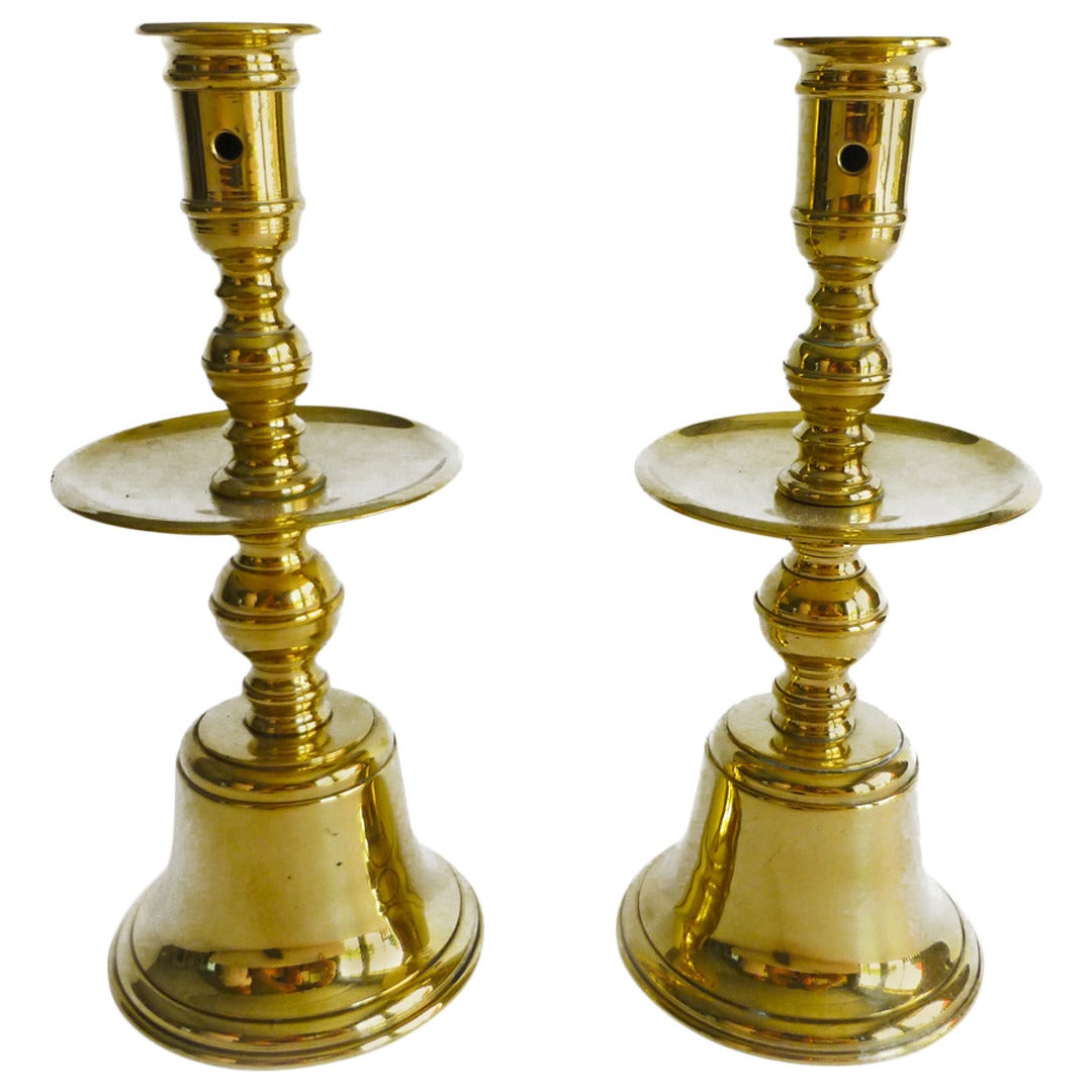 Pair of English Brass MidDrip Candlesticks with Bell Bases, circa 1880