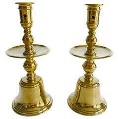 Pair of English Brass Mid-Drip Candlesticks with Bell Bases, circa 1880