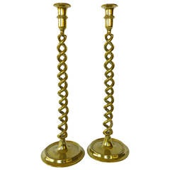 Pair of English Victorian Brass Double Twist Candlesticks, circa 1875