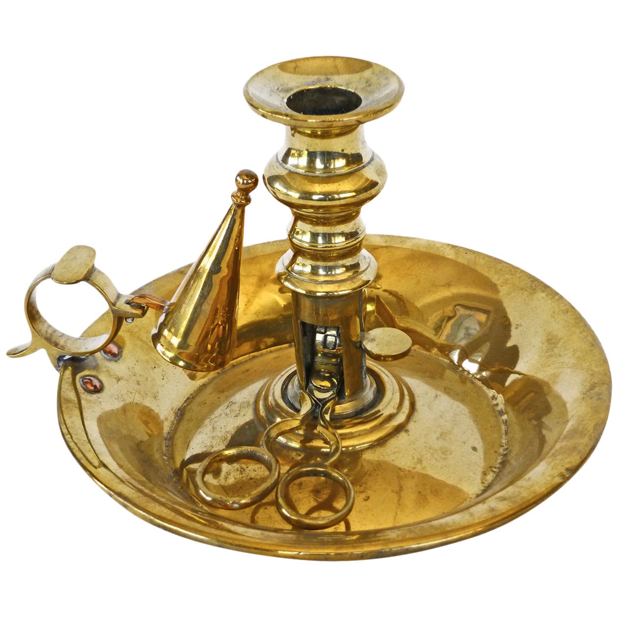 English Brass Deep Dish Chamberstick with Snuffer and Douter, circa 1820