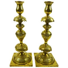 Antique Pair of Polish “Petticoat” Brass Candlesticks "Traces of Silver, " circa 1890